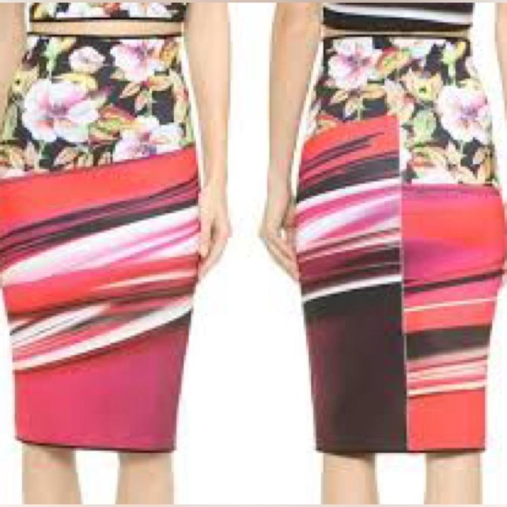 Clover Canyon Reversible Neoprene Floral & Stripes Bodycon Skirt - Size Medium
